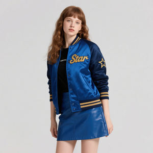 Blue Varsity <b>Jacket</b> With Gold <b>Star</b> And <b>Star</b> Embroidery Front Logo Adult Unisex Sportswear - Product Image 6