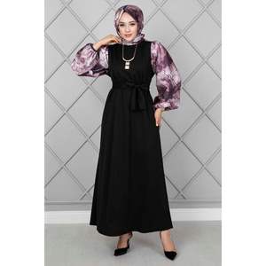Shawl Sleeved Satin Long Hijab <b>Dress</b> <b>Purple</b> - Product Image 1