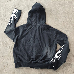 Vente en gros Streetwear pour hommes en détresse Patch sweat à capuche pantalon ensemble Design personnalisé délavé à l'acide Vintage survêtement respirant gris - Product Image 2