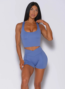 Nouveau design Logo personnalisé séchage rapide bleu petit short à la taille et soutien-gorge scoop ensembles pour femmes respirant entraînement salle de sport ensemble 2 pièces ensemble pour femmes - Product Image 6