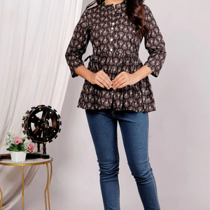 Top Jaipuri corto con estampado de algodón puro para mujer, color marrón oscuro, bordado, ropa de oficina, Tops para la temporada de primavera - Product Image 1