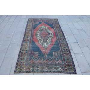 พรมวินเทจตุรกีขนาดใหญ่ 5.2x10.1 ฟุต สีแดงน้ำเงินลายดอกไม้ ทำจากขนสัตว์ - Product Image 1