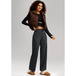 2025 pantalones de trabajo de Yoga de pierna ancha para mujer, bolsillos de cintura alta, pantalones de chándal transpirables para salón, pantalones de vestir oscuros para Petite/Tall 30 - Product Image 1