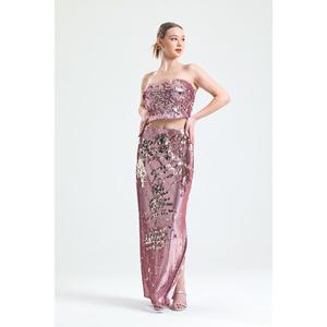 Gonna da sera elegante con paillettes lucide lavorate a maglia aderente | Etk34902 cipria - Product Image 2