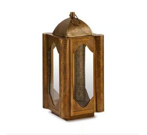 Lanterne à bougie marocaine en métal à finition antique avec panneaux en verre, design ajouré complexe, lumière chaude, décoration festive pour la maison, cadeau - Product Image 1