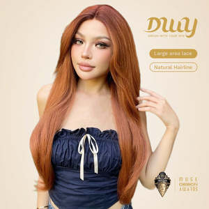 Alisia-DWY <b>Long</b> Curly Orange Synthetic <b>Wig</b> with T-Part Lace Front and Side Bangs Light Brown Lace - Product Image 2