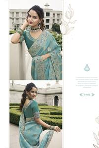 Saree en soie de soie de créateur avec broderie, pierre, perle, vrai miroir à la frontière avec le tissage Zari, saree de mariage. - Product Image 2