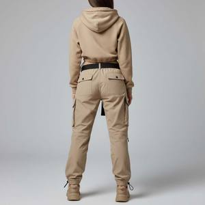 Conjunto Deportivo de Dos Piezas para Mujer, Color Sólido, Cintura Ajustada, Sudadera Corta con Capucha, Pantalones Cargo Paracaídas, 100% Algodón Terciopelo - Product Image 2