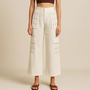 Pantalones de cintura alta bordados para mujer - Product Image 1