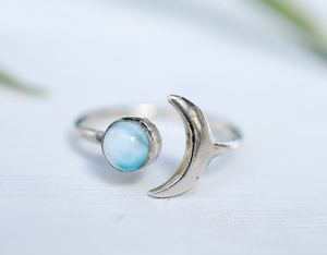Fabriqué à la main bague réglable Standard argent Larimar forme ronde gemmes 8MM lunette ensemble pour cadeau d'anniversaire pour tous les bijoux - Product Image 1