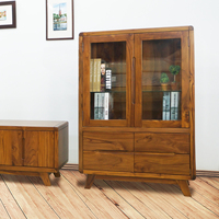 Armoire basse en teck durable de style rustique nordique avec 2 portes et 4 tiroirs, pieds effilés, pour le salon, meubles de rangement pour la maison
