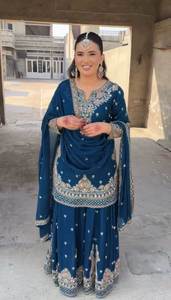 Conjunto tradicional indio Sharara para mujer, seda Chinnon pesada con bordado Zari, aspecto festivo y nupcial, ropa de boda y Festival - Product Image 2