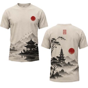 Unisex Black Short Sleeve T <b>Shirt</b> <b>Gold</b> Bamboo Boat Print Crew Neck Graphic Tee Casual Streetwear - Product Image 4
