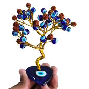 Fabriqué à la main bleu turc mauvais œil arbre avec des perles de Rudraksha sur la plaque de coeur bonne chance charme sagesse stabilité Fengshui Kavach - Product Image 1