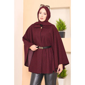 Autumn Warm Houndstooth Patterned Belted Hijab <b>Poncho</b> Burgundy - Product Image 2