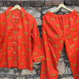 Оптовая продажа, индийская 100% Хлопковая пижама с принтом блока, комплект пижам с тигровым принтом для женщин, ночное платье для женщин