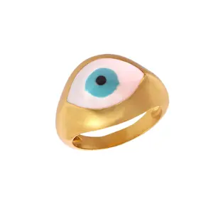 2023 New Arrival Wholesale Golden Color Pink Enamel Evil's Eye Designer Ring Brass Jewelry Manufacturer Silver Jewelry From India