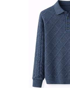 Suéter de Lana con Cuello Polo Azul para Hombre, Tejido de Cable, Manga Larga, Invierno, Suave, Cálido, Texturizado, Estilo Casual Clásico - Product Image 3
