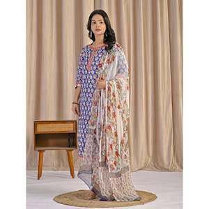 Blue Hand Drawn <b>Block</b> <b>Printed</b> Cotton Anarkali Kurta Pant Set Indian Style Soft Ethnic Wear for Daily Party Wear Net Fabric - Product Image 4