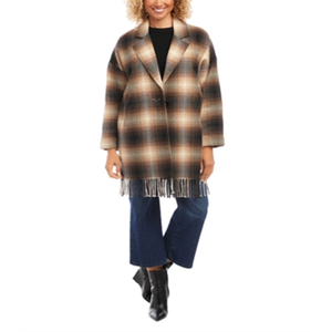 Veste à franges à carreaux Karen Kane, marron, avec logo personnalisé, en cuir de mouton, daim et polyester teint, pour l'automne et le printemps - Product Image 4