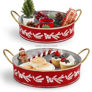 Élégant plateau de service rond rouge festif avec motif floral blanc et poignées dorées pour friandises et décorations de vacances - Product Image 2