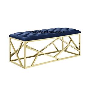 Acero inoxidable metal chapado en oro brillante abrigo marco azul marino superior Banco tapizado 44X17X17 pulgadas otomano muebles asiento silla - Product Image 1