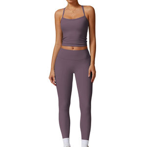 Ensemble de vêtements de sport pour femmes, fabrication sur mesure, vente en gros, ensemble de vêtements de sport pour la salle de sport, leggings, haut court, 2 pièces, sans couture, manches longues, ensemble de soutien-gorge de yoga pour le fitness - Product Image 1