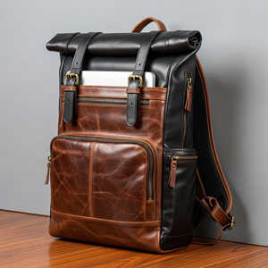 Lightweight Genuine <b>Leather</b> Roll Top <b>Backpack</b> Slim Travel Daypack High Quality Cow <b>Leather</b> Laptop Rucksack LRTB-0127 - Product Image 6