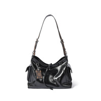 Tas Selempang Wanita Hitam Model Slouchy Persegi Panjang dengan Tali Tunggal yang Dapat Disesuaikan, Resleting Atas, Kantong Samping, Label Gantung Depan, dan Resleting
