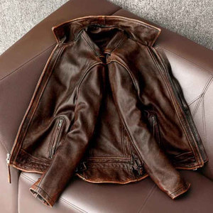 Chaqueta de Moda Entallada de Cuero Vacuno 100% Marrón Vintage de Nueva Llegada Personalizada para Hombre, Cuero Genuino Ligero para Invierno - Product Image 3
