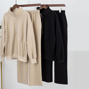 ชุดวอร์มผ้าฝ้ายสีทึบสำหรับฤดูใบไม้ร่วงเสื้อวอร์มมีซิปครึ่งแขนพร้อมกางเกงวอร์มขาตรงชุดสองชิ้นสำหรับผู้หญิงไหล่ตก - Product Image 5