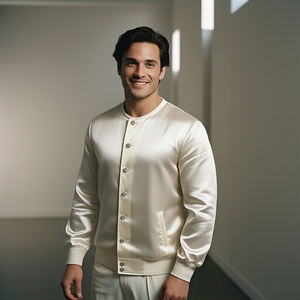 Veste bomber en toile satinée personnalisée pour homme, bouton en corne, col rond, style streetwear, imperméable, hiver, vêtement d'extérieur - Product Image 3