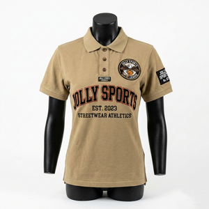 เสื้อโปโลผู้หญิงพรีเมียม ผ้าคอตตอนปิเก้ 220 GSM สีเบจ พิมพ์ลายกราฟิก แขนสั้น ปักโลโก้แบบกำหนดเอง - Product Image 5