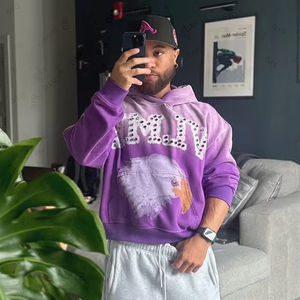 Sudadera con capucha para hombre, jersey de moda vintage lavado ácido desteñido por el sol pintado con cuentas de diamantes de imitación y logotipo personalizado - Product Image 6