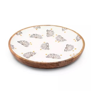 Bol de service alimentaire en bois de manguier de qualité supérieure, écologique, fait main, compatible lave-vaisselle, moderne, avec feuille émaillée verte - Product Image 3
