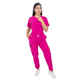 Surgical Scrubs - Women Stretch Antifluid Bougainvillea Scrubs Set With Jogger Pants And Short-Sleeve Round Neck Custom