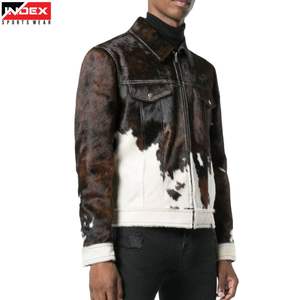 Veste en cuir de vache véritable pour homme, style motard, noir et blanc, imprimé vache, veste d'hiver tendance - Product Image 1