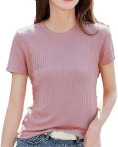 100% coton dames T-Shirts col haut couleur unie coupe ajustée femmes t-shirt décontracté court numérique uni teint Jersey avec Logo - Product Image 1