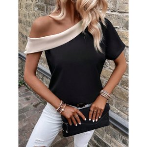 Chemise en crêpe importé bicolore à col asymétrique et à une épaule pour femme, 35476 - Noir - Product Image 2