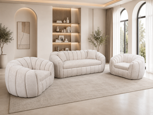 Canapé-lit Mabelia moderne en bois pour appartement, salon ou hôtel, avec rembourrage personnalisé, coussins en mousse haute densité, accoudoirs incurvés et boutons - Product Image 1