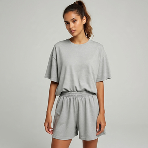 Mujeres Jogging Fitness Stone Wash Twin Sets Loose Fit Camisetas Vintage Wash Shorts Conjuntos Mujeres - Product Image 1