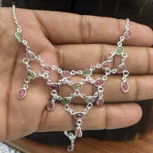 Ethnique Moderne 925 Argent Massif Artisan Fabriqué Tourmaline Gemstone Cluster Collier pour Enfants Fabriqué À La Main Dans Le Réglage De La Lunette - Product Image 3