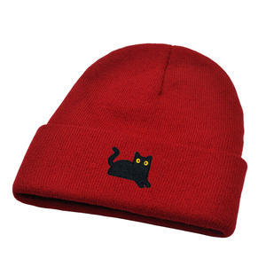 Chapeau en tricot chaud d'automne et d'hiver pour hommes et femmes, joli motif de chat noir brodé, bonnet en laine - Product Image 4
