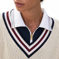 Pull-over en coton doux personnalisé pour femme, col en V, demi-zip, tricoté à rayures, style preppy Old Money, automne-hiver, loisirs, vente en gros