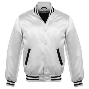 Chaqueta Bomber Clásica de Satén para Hombre, Colección Plateada, Naranja y Blanca, Ribete a Rayas, Botones a Presión, Estilo Deportivo Letterman - Product Image 5