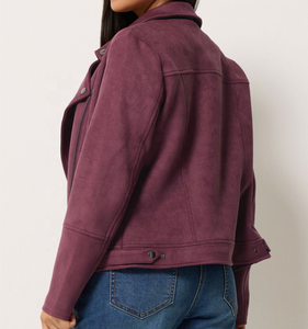 Purple PU <b>Suede</b> Moto <b>Jacket</b> Regular Fit Turn-down Collar Zipper Closure Unisex Autumn Wear - Product Image 2