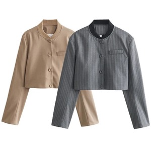 Femmes 2024 printemps été recadrée Bomber veste col rond à manches longues tricoté vêtements d'extérieur rayé Baseball veste haut - Product Image 4