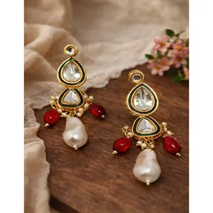 White Pearls Polki Kundan Earrings - Product Image 1