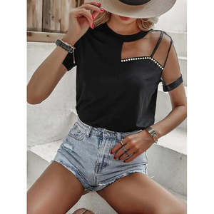 Blusa de Crepé de Manga Corta para Mujer con Detalles de Tul y Adornos de Pedrería, 37318 - Negro - Product Image 3