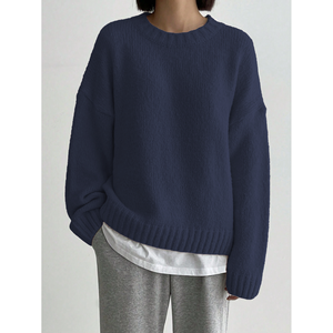 Pull ample à col rond et épaules tombantes pour femme, bleu marine, tricoté, manches longues, tenue décontractée - Product Image 2